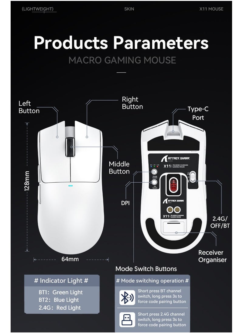 Attack Shark - ATTACK SHARK X11 Tri-Mode Gaming Mouse - Wired, 2.4GHz Wireless, Bluetooth - 22000 DPI PixArt PAW3311 Sensor - RGB Backlight - Magnetic Charging Dock - Lightweight & Ergonomic Design - For PC, Laptop, Mac, Xbox, PS (White) - Image 1