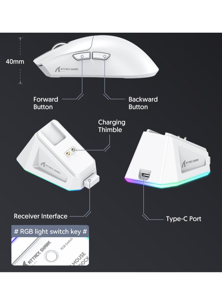 Attack Shark - ATTACK SHARK X11 Tri-Mode Gaming Mouse - Wired, 2.4GHz Wireless, Bluetooth - 22000 DPI PixArt PAW3311 Sensor - RGB Backlight - Magnetic Charging Dock - Lightweight & Ergonomic Design - For PC, Laptop, Mac, Xbox, PS (White) - Image 1