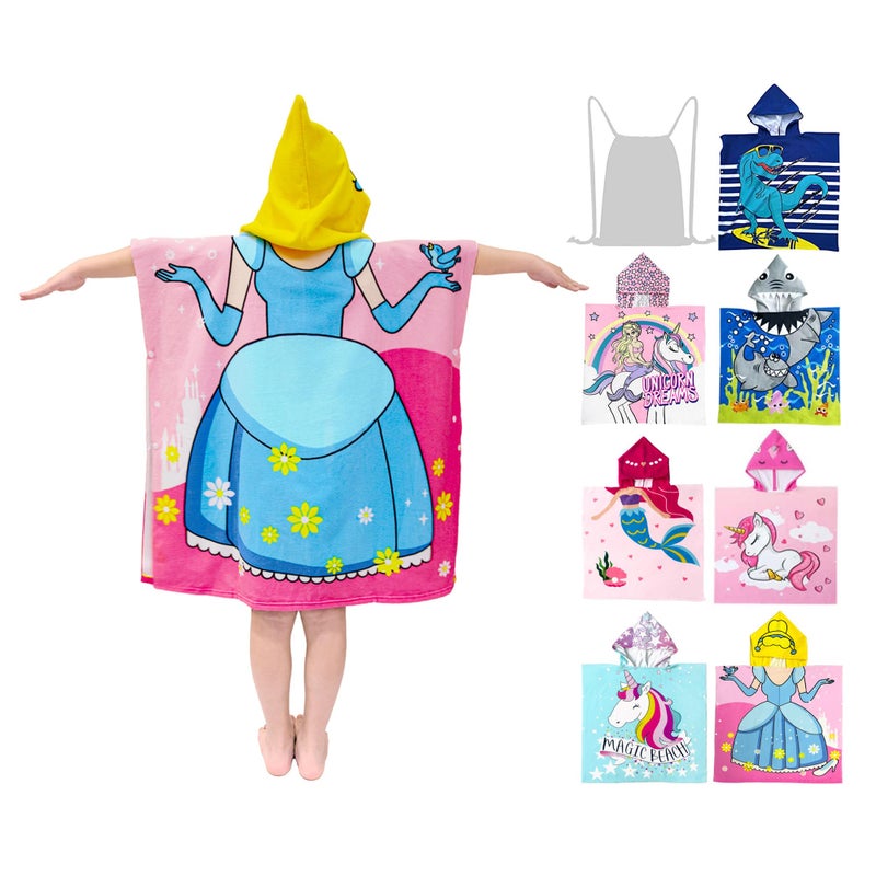 growell Hooded Kids Beach Towels - Toddler Bath Towel Girls Boys Swim Cover-ups for Ages 4 to 10 Kids Pool Towels Quick Dry Lightweight Soft Microfiber Poncho 30x30 (Princess Dress Blue) - Image 1