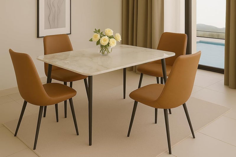 Harmony Home طقم طاولة طعام سيراميك حديث يتسع لـ 4 أشخاص | طاولة مستطيلة بسطح لامع و4 كراسي مبطنة | طقم طعام مقاوم للخدوش، مدمج للمنزل والشقة - Image 1