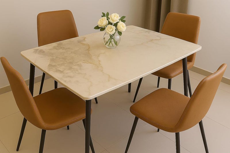 Harmony Home طقم طاولة طعام سيراميك حديث يتسع لـ 4 أشخاص | طاولة مستطيلة بسطح لامع و4 كراسي مبطنة | طقم طعام مقاوم للخدوش، مدمج للمنزل والشقة - Image 4