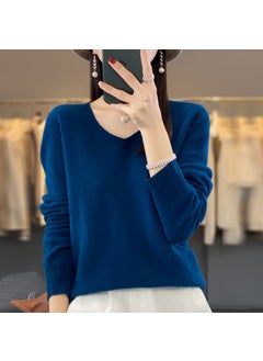Pure Color 100% Wool Autumn/winter Cropped V-neck Pullover Sweater Base Layer Top Seaweed Blue
