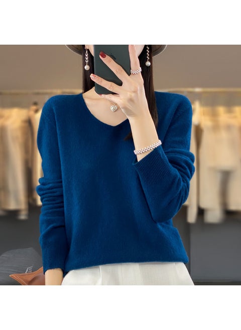 Pure Color 100% Wool Autumn/winter Cropped V-neck Pullover Sweater Base Layer Top Seaweed Blue