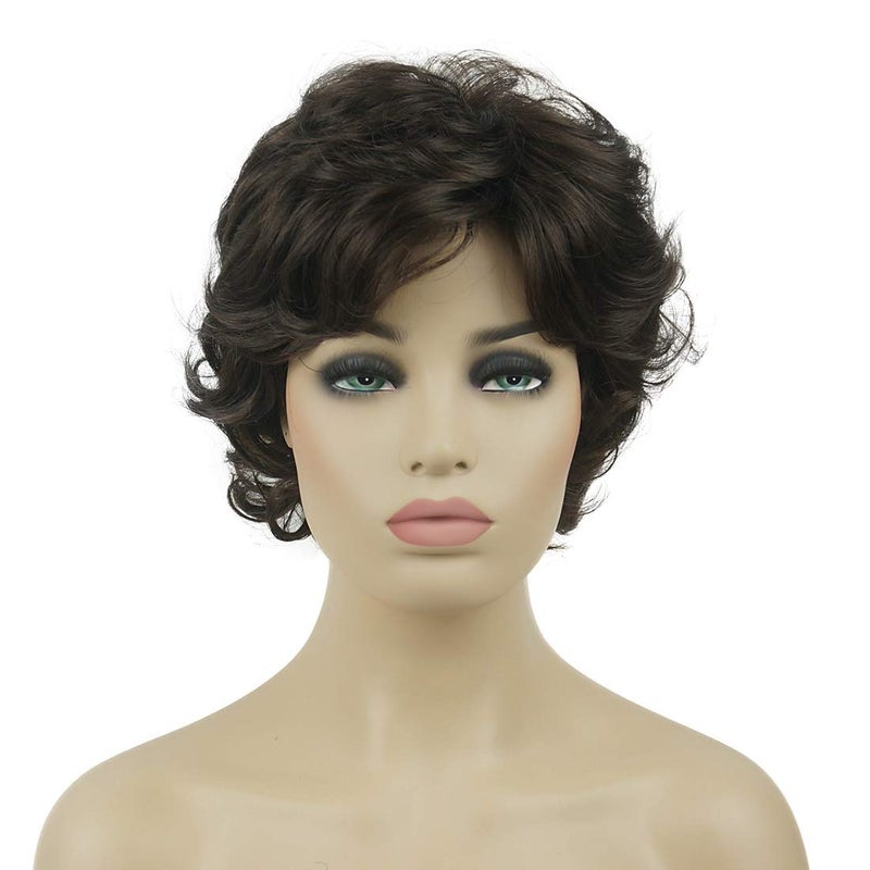 Lydell Womens Short Wavy Curly Wig Synthetic Hair Full Wig 6 inches Chestnut Brown