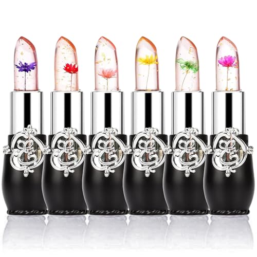 firstfly Pack of 6 Crystal Flower Jelly Lipstick Long Lasting Nutritious Lip Balm Lips Moisturizer Magic Temperature Color Change Lip Gloss Black