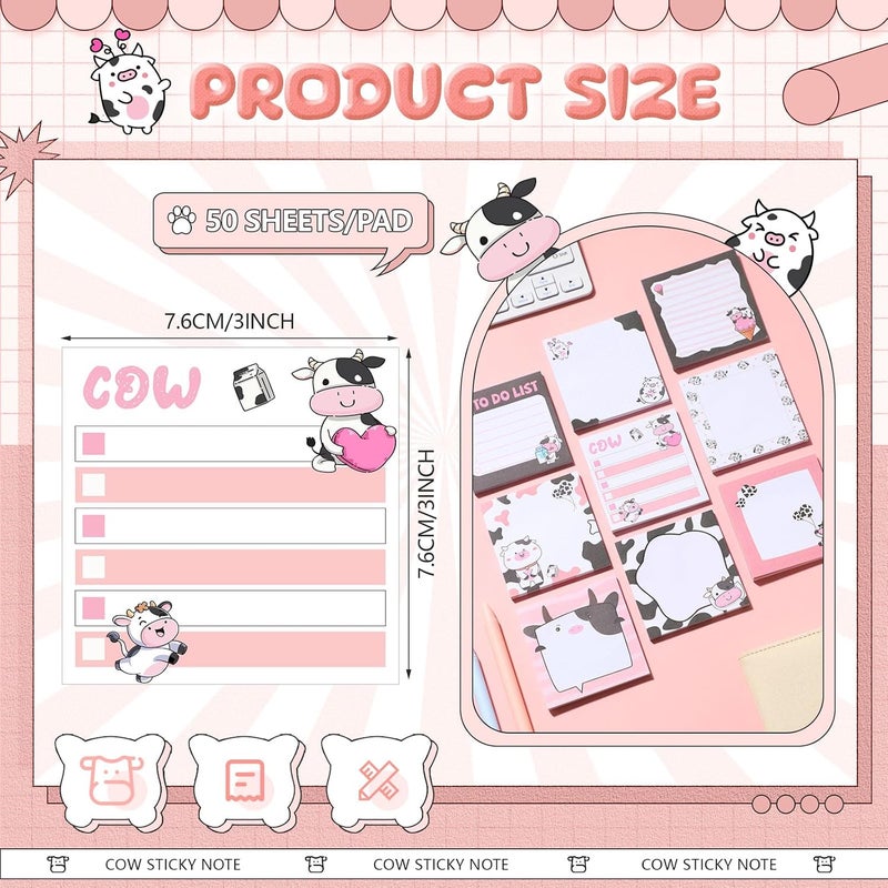 Saypacck 9 Pads Cute Sticky Notes Cartoon Animal Self Stick Notepads 3x3 Inches Notes Adhesive Memo Pad Office Decor Gifts for Students School Office Meeting(Cow) - Image 2