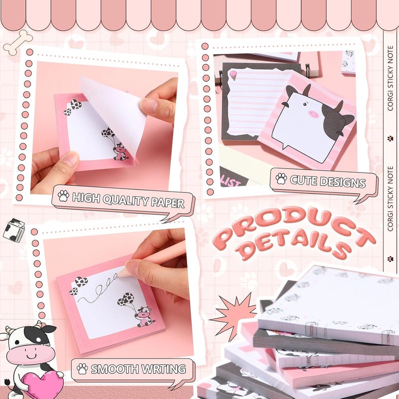 Saypacck 9 Pads Cute Sticky Notes Cartoon Animal Self Stick Notepads 3x3 Inches Notes Adhesive Memo Pad Office Decor Gifts for Students School Office Meeting(Cow) - Image 3