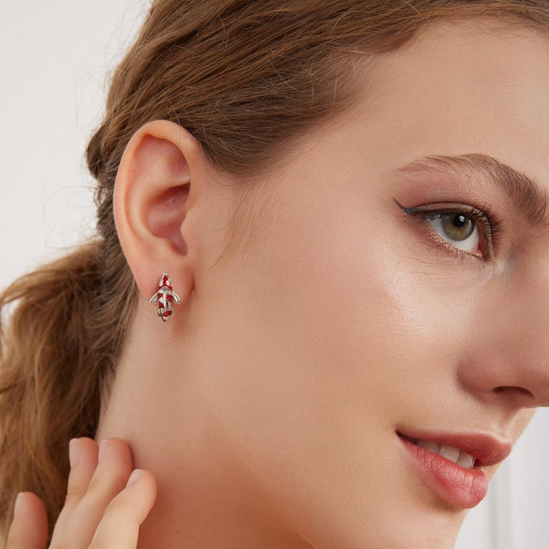 WOSTU Gold Koi Fish Hoop Earrings for Women 925 Sterling Silver Plated Hypoallergenic Red Enamel Dangle Ear Huggie Earring Cute Animal Statement Jewelry for Sensitive Ears - Image 2