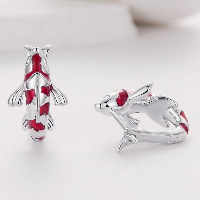 WOSTU Gold Koi Fish Hoop Earrings for Women 925 Sterling Silver Plated Hypoallergenic Red Enamel Dangle Ear Huggie Earring Cute Animal Statement Jewelry for Sensitive Ears - Image 4