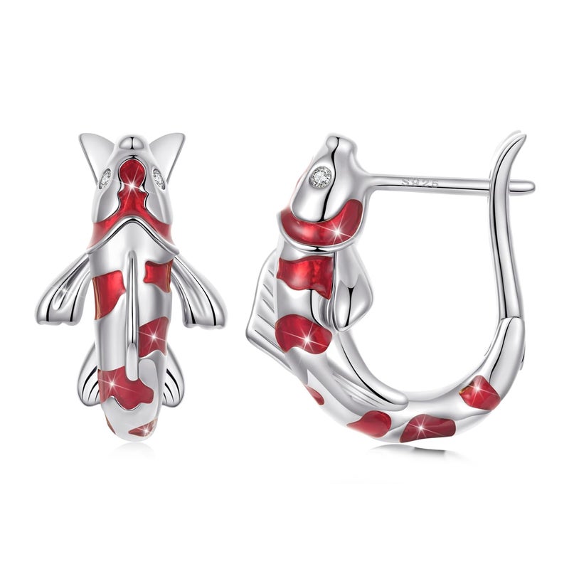 WOSTU Gold Koi Fish Hoop Earrings for Women 925 Sterling Silver Plated Hypoallergenic Red Enamel Dangle Ear Huggie Earring Cute Animal Statement Jewelry for Sensitive Ears - Image 1