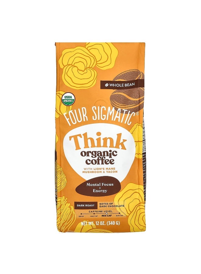 Four Sigmatic, Think, Organic Coffee with Lion's Mane Mushroom & Yacon, Whole Bean, Dark Roast, 12 oz (340 g)