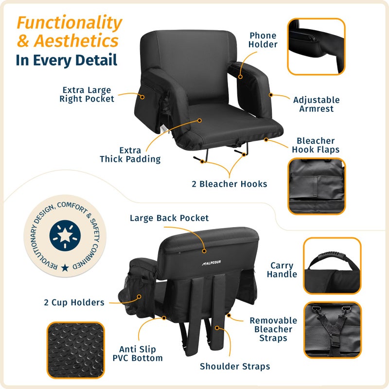Alpcour Reclining Stadium Seats for Bleachers with Back Support â€“ Wide Bleacher Chair Cushion, Armrests, Large Pockets, and Multiple Safety Features â€“ Best Stadium Seat Chairs for Camping, Kayak Backs & More - Image 3