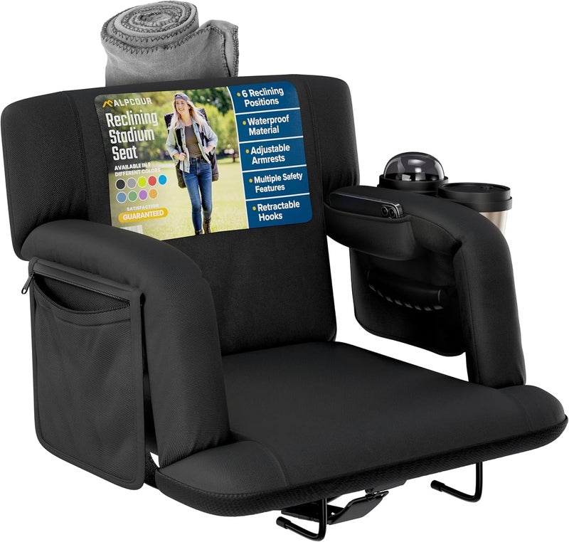 Alpcour Reclining Stadium Seats for Bleachers with Back Support â€“ Wide Bleacher Chair Cushion, Armrests, Large Pockets, and Multiple Safety Features â€“ Best Stadium Seat Chairs for Camping, Kayak Backs & More - Image 1