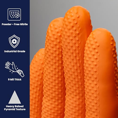 Adenna ProWorks CATCH Disposable Nitrile Gloves – 9 Mil, Heavy Duty Work Rubber Glove with Raised Pyramid Grip, Non–Latex & Powder Free, Pack of 90, 2X–Large, Orange - Image 2