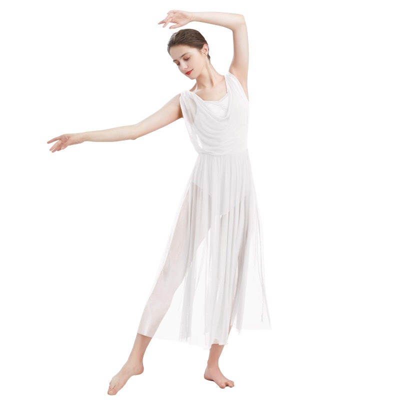 ODASDO Women Lyrical Modern Contemporary Dance Costume Ballet Leotard Drop V-Neck Backless Split Mesh Tulle Skirt Flowy Overlay Long Dress Ballroom Pageant Clothes White M - Image 1