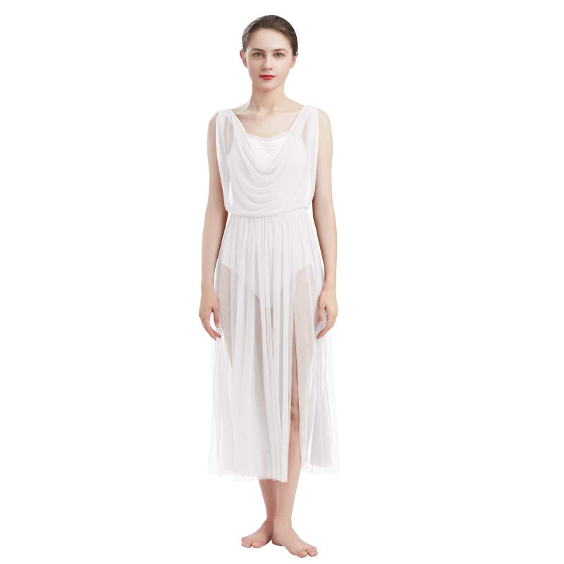 ODASDO Women Lyrical Modern Contemporary Dance Costume Ballet Leotard Drop V-Neck Backless Split Mesh Tulle Skirt Flowy Overlay Long Dress Ballroom Pageant Clothes White M - Image 5