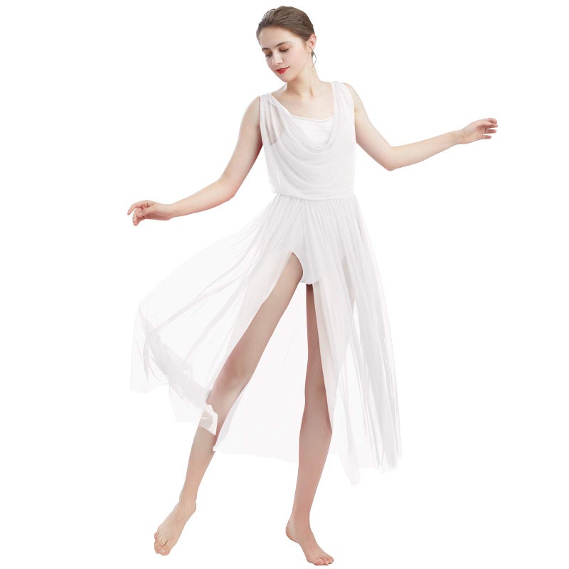 ODASDO Women Lyrical Modern Contemporary Dance Costume Ballet Leotard Drop V-Neck Backless Split Mesh Tulle Skirt Flowy Overlay Long Dress Ballroom Pageant Clothes White M - Image 2
