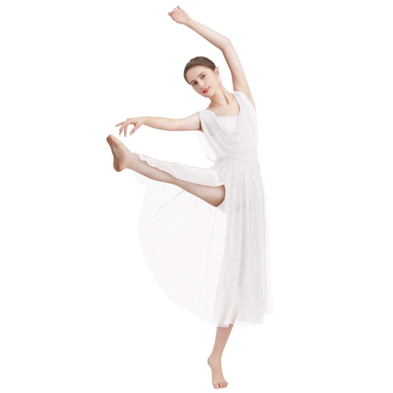 ODASDO Women Lyrical Modern Contemporary Dance Costume Ballet Leotard Drop V-Neck Backless Split Mesh Tulle Skirt Flowy Overlay Long Dress Ballroom Pageant Clothes White M - Image 4