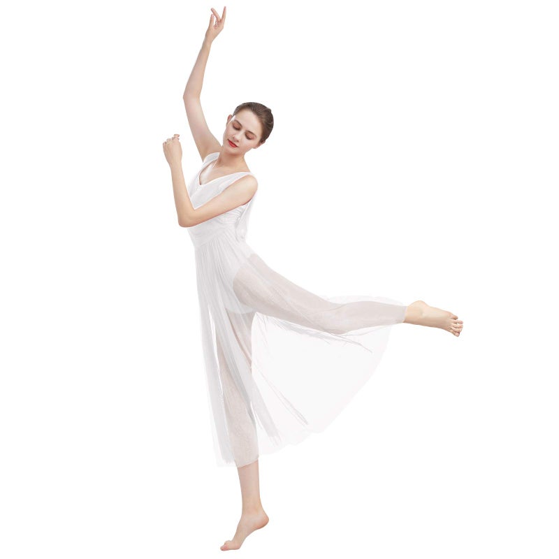 ODASDO Women Lyrical Modern Contemporary Dance Costume Ballet Leotard Drop V-Neck Backless Split Mesh Tulle Skirt Flowy Overlay Long Dress Ballroom Pageant Clothes White M - Image 3