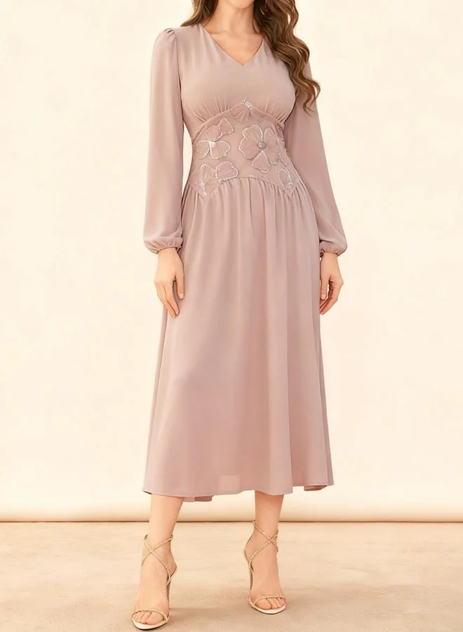 Take Two Pink Floral Embroidery V Neck Midi Dress