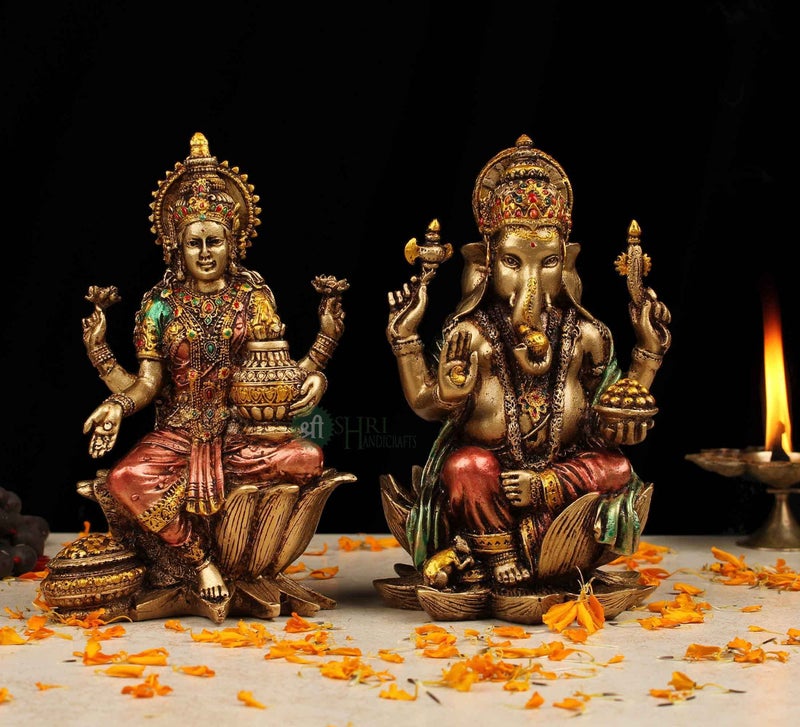 INDICAST Cold Cast Resin Laxmi and Ganesh Showpiece Antique Home Decor and Gifting (7 Inches, Metal Finish) - Image 1