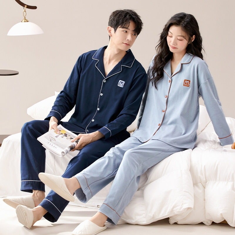 Couple Pajamas Spring/Autumn Long Sleeve Cardigan Set - Cotton, High-End Polo Collar