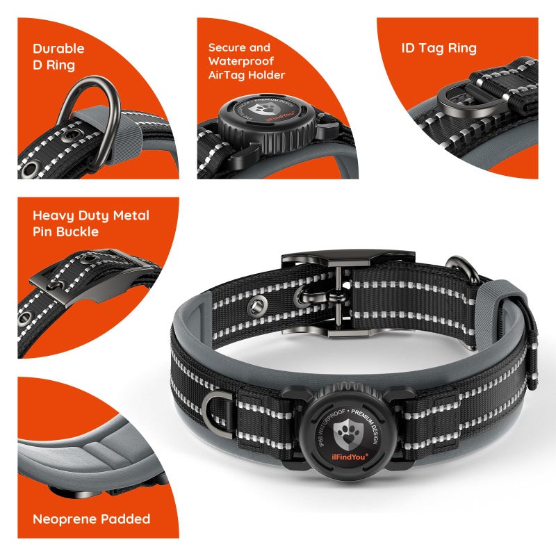 ilFindYou Upgraded AirTag Dog Collar with Holder, Waterproof Reflective Air Tag Dog Collar with Widened Comfortable Padding & Ultra-Durable Metal Buckle, Adjustable for Large Dogs (L, Black) - Image 4