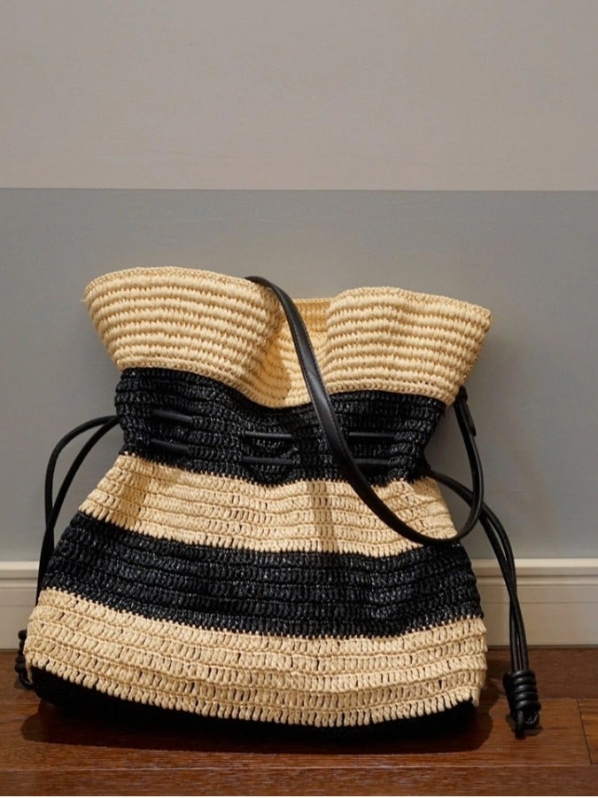 Niche Holiday Style Drawstring Straw Stripesd Black Bucket Bag Large Capacity Woven Shoulder Bag Women'S Bag - Image 2