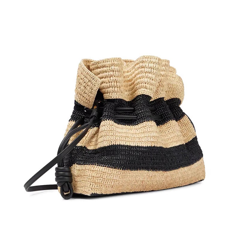 Niche Holiday Style Drawstring Straw Stripesd Black Bucket Bag Large Capacity Woven Shoulder Bag Women'S Bag - Image 1