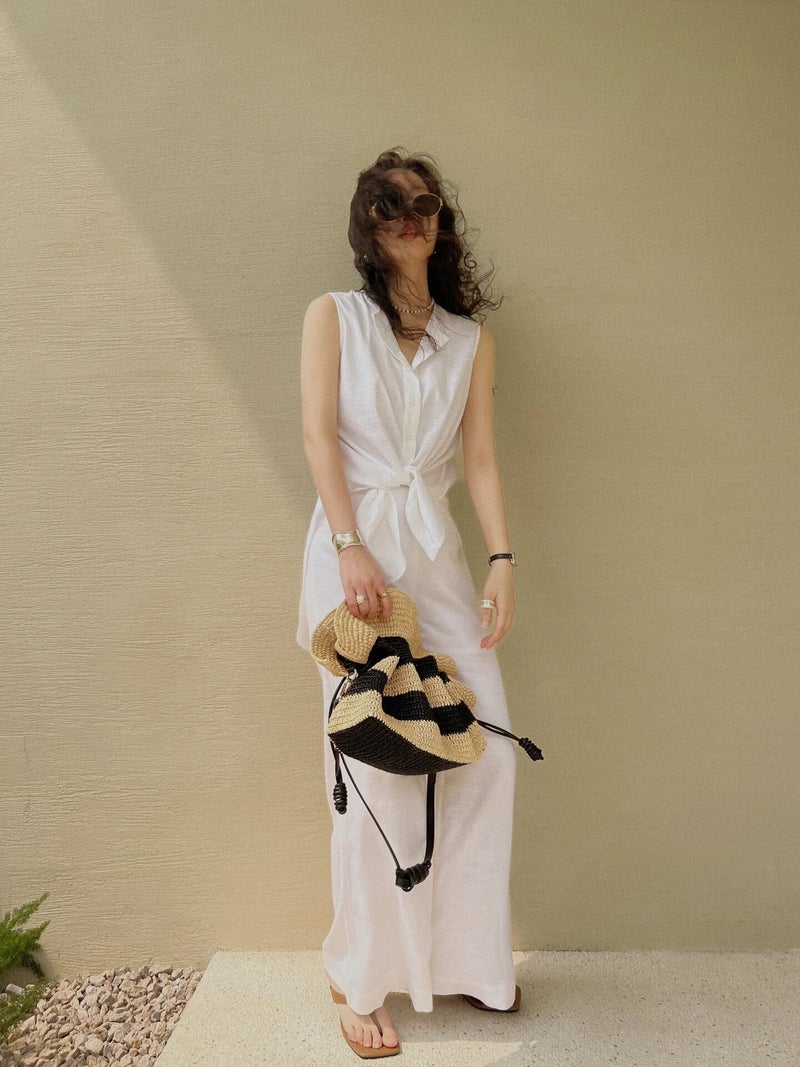 Niche Holiday Style Drawstring Straw Stripesd Black Bucket Bag Large Capacity Woven Shoulder Bag Women'S Bag - Image 5