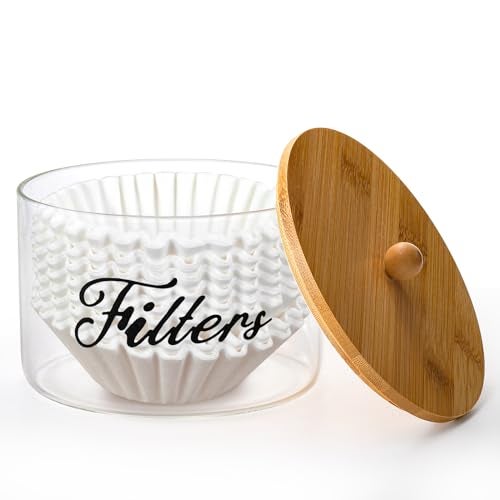 Cididu Coffee Filter Holder with Bamboo Lid, Clear Large Coffee Pod Holder for Counter, Coffee Filter Dispenser Basket, Glass K Cup Countertop Storage Container for Kitchen Cafe Bar Accessories - Image 1