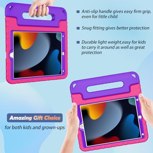 LTROP Kids Case for iPad 9th/ 8th/ 7th Generation (2021/ 2020/ 2019), iPad 10.2 Case with Built-in Screen Protector, Shockproof Handle Stand Case for iPad 9 8 7 Generation 10.2 Inch - Rose and Purple - Image 4