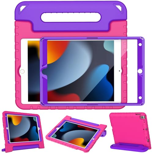LTROP Kids Case for iPad 9th/ 8th/ 7th Generation (2021/ 2020/ 2019), iPad 10.2 Case with Built-in Screen Protector, Shockproof Handle Stand Case for iPad 9 8 7 Generation 10.2 Inch - Rose and Purple - Image 1