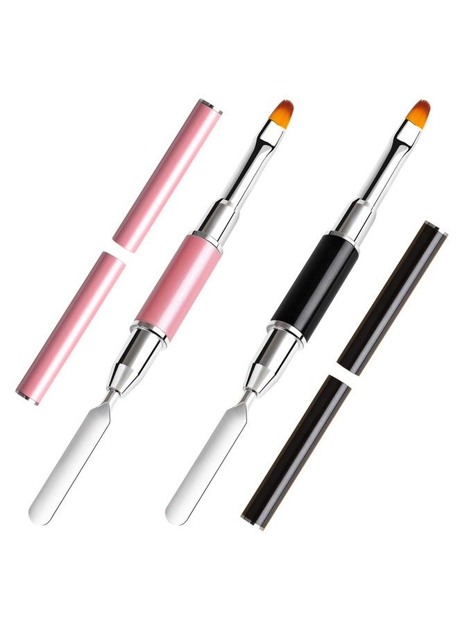 TOROKOM 2Pcs Poly Gel Brush Dualended Poly Gel Brush And Spatula Picker Stainless Steel Poly Gel Brush Pen For Nails Extension Application Tool(Pink & Black) - Image 1