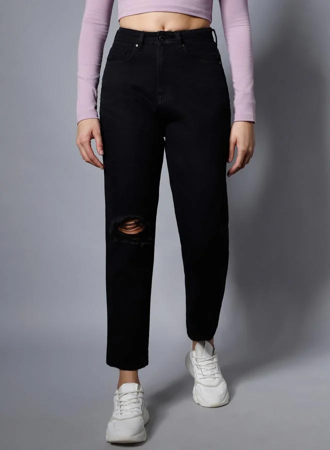 HIGH STAR Women Black High-Rise Ripped Knee Jeans