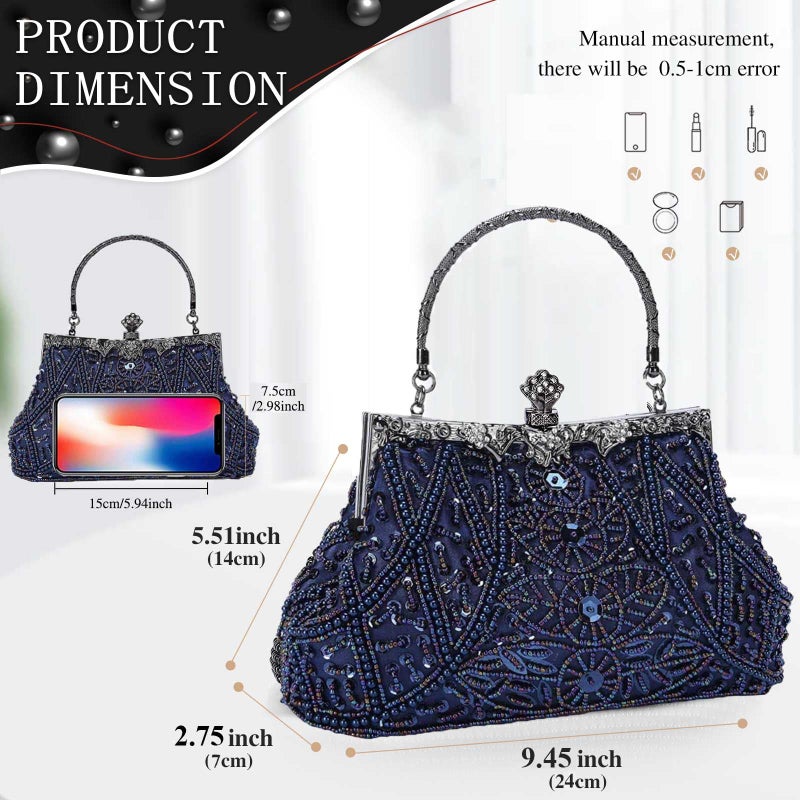 Selighting 1920s Vintage Beaded Clutch Evening Bags for Women Formal Bridal Wedding Clutch Purse Prom Cocktail Party Handbags Navy Blue - Image 3