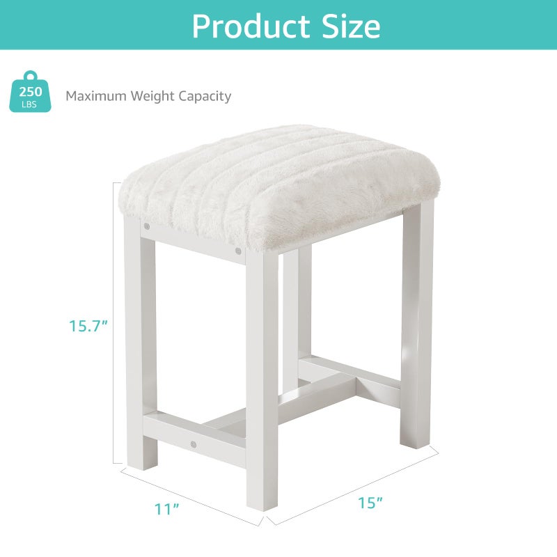 KAI-ROAD Small Vanity Stool, Cute Vanity Stools with Soft Faux Rabbit Fur Cushion, White Makeup Vanity Chair for Small Spaces, Living Room, Bedroom, Entryway, Ottoman Foot Rest for Couch Sillas Modern - Image 2