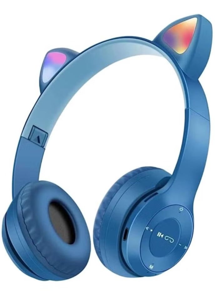 P47 Kids Wireless Headphones, Megadream Bluetooth Over Ear Headphones with Microphone, Cat Ear LED Light Child Headset TF Card/Wired Foldable Earphones for Girls Boys Gift Age 7+(Dark Blue) 