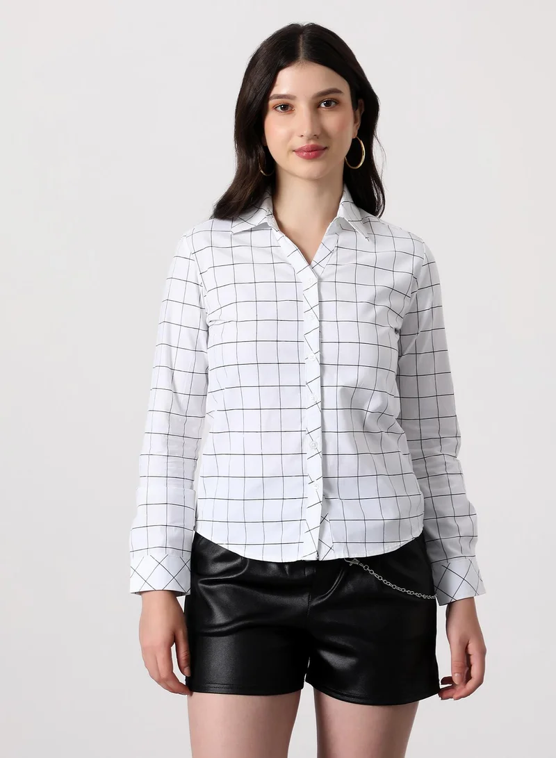 بينيا كولادا Women's Graph-Check Regular Shirt | Spread Collar , Long Single-Button Cuff Sleeves, Button Closure | Checks Plain | Woven Shirt For Casual & Daily Wear | Cloud White