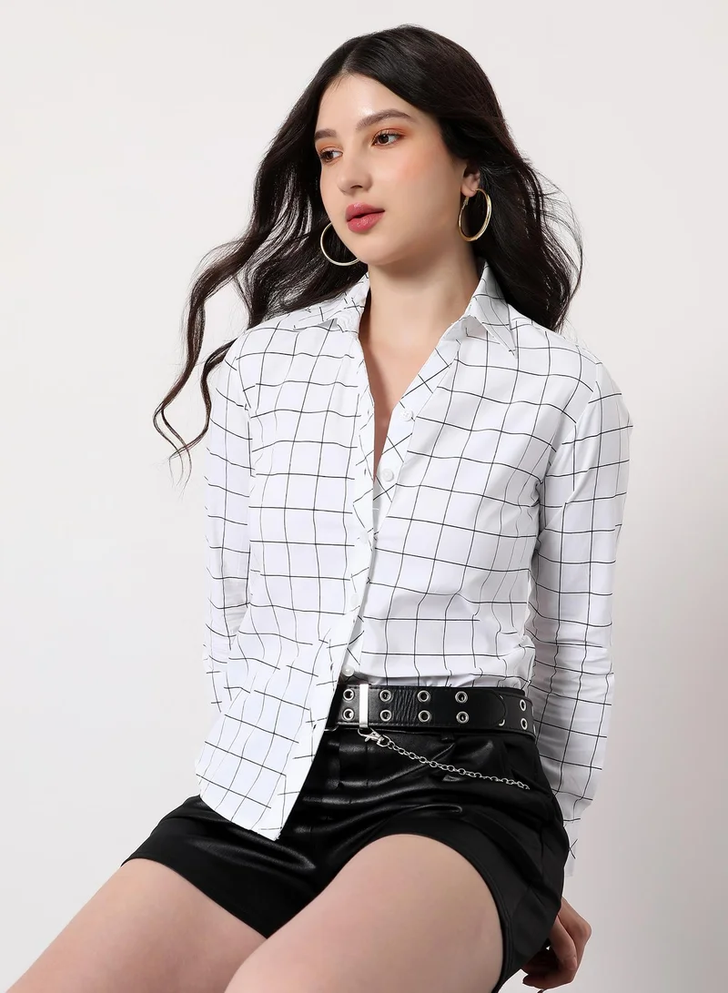 بينيا كولادا Women's Graph-Check Regular Shirt | Spread Collar , Long Single-Button Cuff Sleeves, Button Closure | Checks Plain | Woven Shirt For Casual & Daily Wear | Cloud White