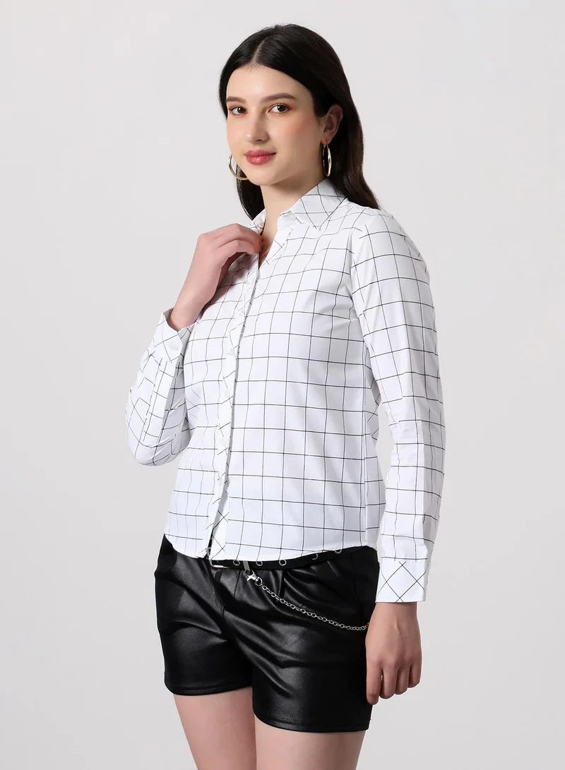بينيا كولادا Women's Graph-Check Regular Shirt | Spread Collar , Long Single-Button Cuff Sleeves, Button Closure | Checks Plain | Woven Shirt For Casual & Daily Wear | Cloud White