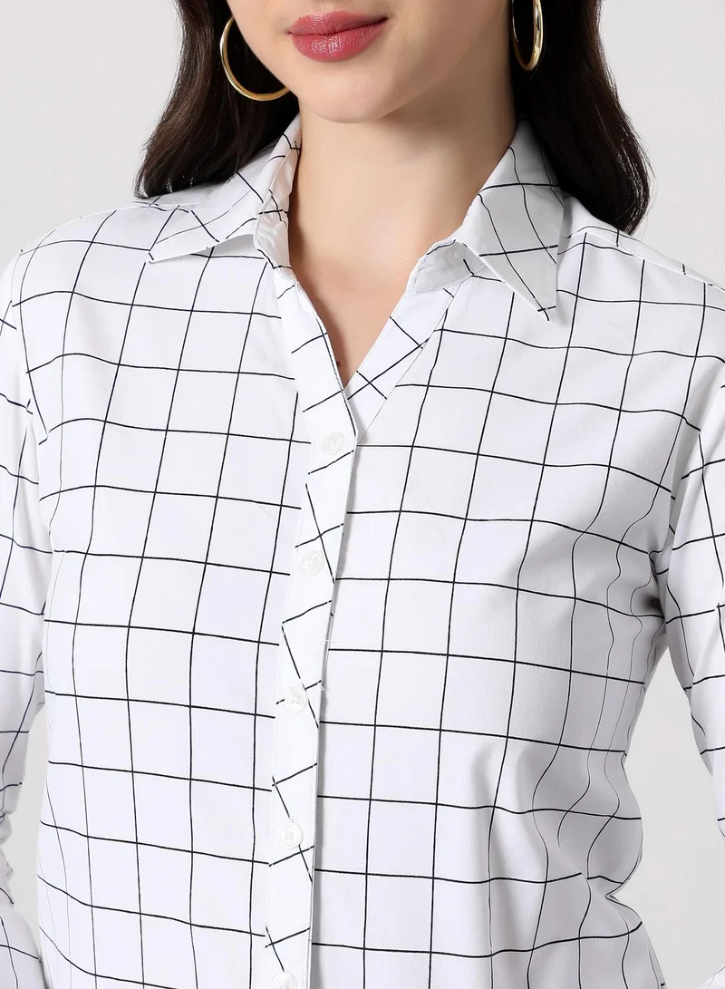 بينيا كولادا Women's Graph-Check Regular Shirt | Spread Collar , Long Single-Button Cuff Sleeves, Button Closure | Checks Plain | Woven Shirt For Casual & Daily Wear | Cloud White