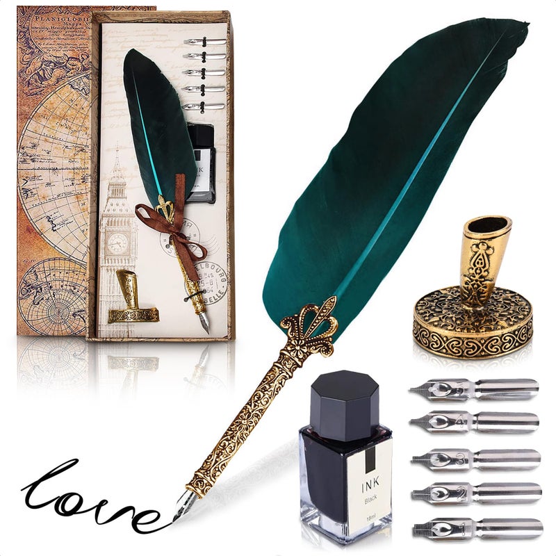 LAGARTO Feather Quill Pen And Ink Set Blue - Fountain Pen Case Luxury Pen Feathers Vintage Pen Holder Writing Paper Quill Pen And Ink Set - Fountain Pens For Writing Blue Signature Pen Writing Supplies - Image 1