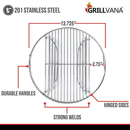 GRILLVANA 201 Stainless Steel Charcoal Grill Cooking Replacement Grate (ACTUAL DIAMETER 13.72 INCHES) With handles and hinges - Compatible with Weber 14" Smokey Joe - Image 2
