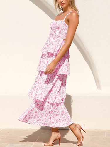 Fisoew Womens Floral Maxi Dresses Spaghetti Strap Casual Sleeveless Ruffle Flowy Tiered Dress Pink - Image 2