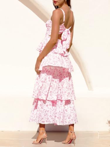 Fisoew Womens Floral Maxi Dresses Spaghetti Strap Casual Sleeveless Ruffle Flowy Tiered Dress Pink - Image 3