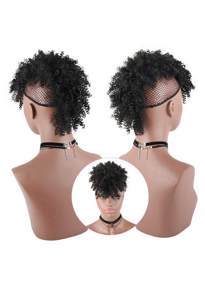 High Puff Afro Mohawk Ponytail With Bangs No Drawstring,Short Kinky Curly No Drawstring Ponytail Extension,Synthetic Clip In Mohawk Ponytail Bun With Bangs,Wrap Updo Clip In Hair Extensions