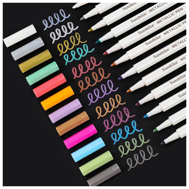 Sunshilor Metallic Markers Fine Point Metallic Marker Pens for Black Paper Rock Painting Easter Egg Halloween Pumpkin Card Making Metal Ceramic Wine Glass Set of 12