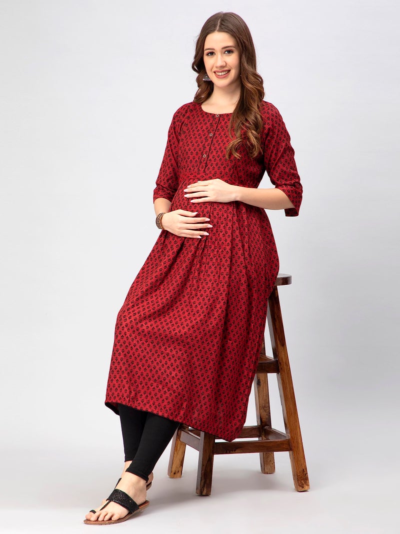 CEE 18 Cotton Rayon A-Line Flaired Maternity Feeding Kurti for Women with Zippers | Maternity Dress for Pre and Post Pregnancy & Nursing for Mom (M, Cherry Red) - Image 4