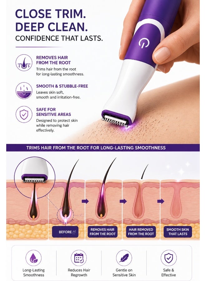 Electric Remover Bikini Trimmer Portable Shaver for Women Shape Face Underarms Body Trim Shave & Style Mini Shaving Head Included Female Hair Removal Machine Battery BRT38315 White Purple - Image 2